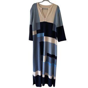 Frances Valentine Knit Blue Navy Color block Maxi Dress Angora Wool
